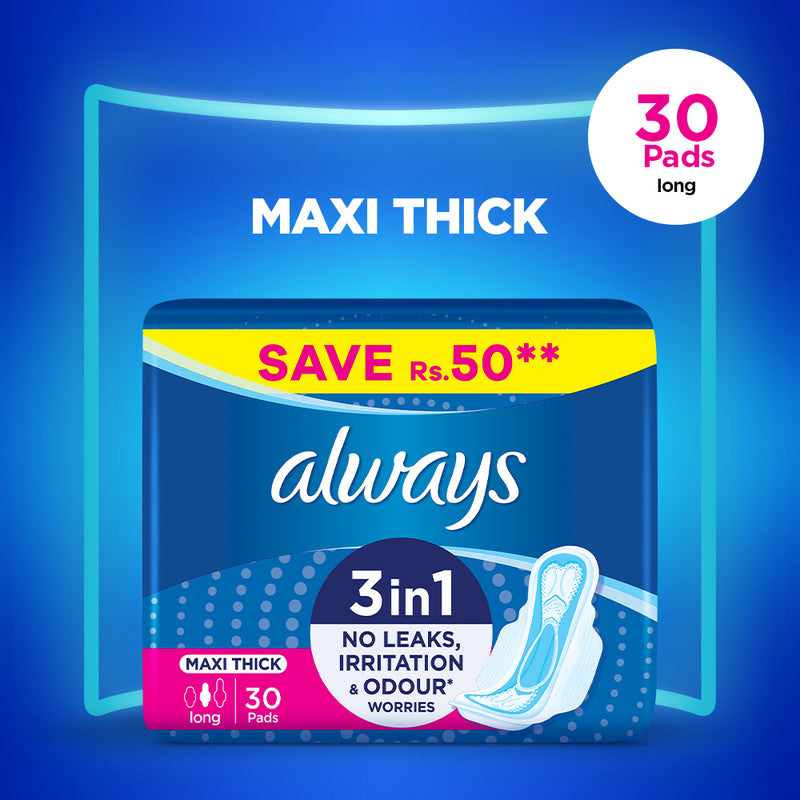 Always Maxi Thick Pads, Long, 30-Pack