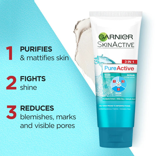 Garnier Skin Naturals Pure Active 3 In 1 Face Wash 100Ml
