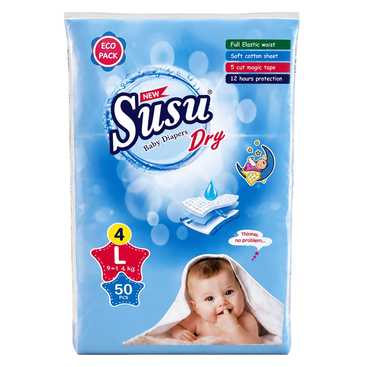 Susu Dry Baby Diapers Large -50pcs