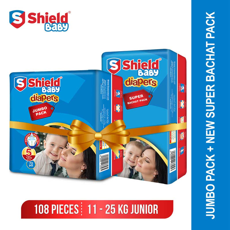 Shield Baby Diapers Jumbo Extra Large Pack Plus New Super Bachat Pack Extra Large (108-Diapers, Size 5, 11-25Kg)