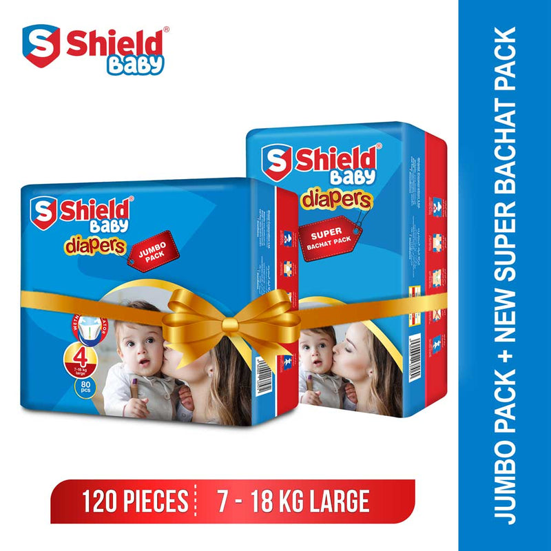 Shield Baby Diapers Jumbo Large Pack Plus New Super Bachat Pack Large (120-Diapers, Size 4, 07-18Kg)