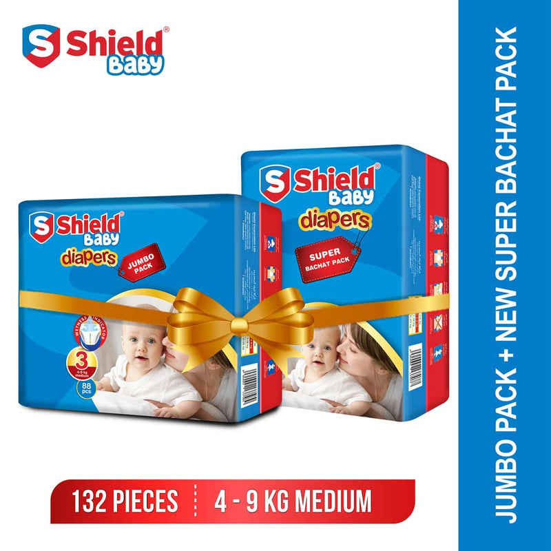 Shield Baby Diapers Jumbo Medium Pack Plus New Super Bachat Pack Medium (132-Diapers, Size 3, 04-09Kg)
