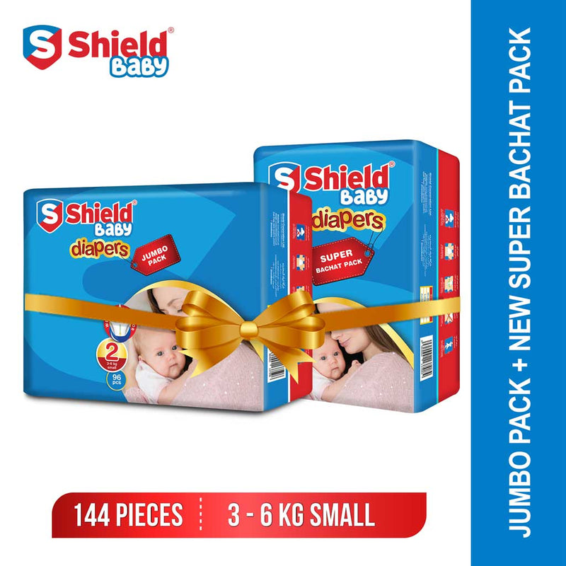 Shield Baby Diapers Jumbo Small Pack Plus New Super Bachat Pack Small (144-Diapers, Size 2, 03-06Kg)
