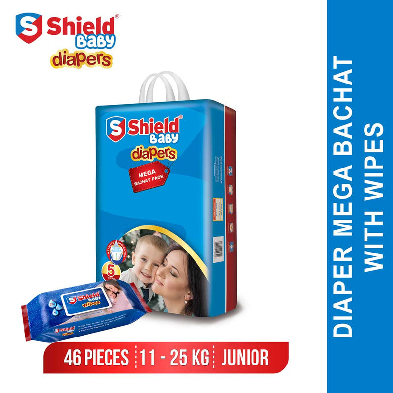 Shield Diapers Mega Bachat Pack Extra Large 46 Pc with Baby Wipes
