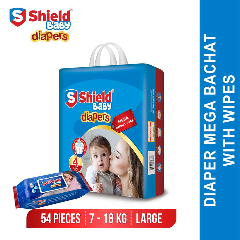 Shield Diapers Mega Bachat Pack Large 54 Pc with Baby Wipes