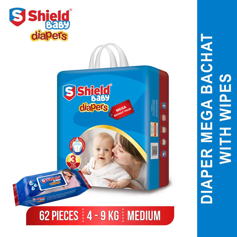Shield Diapers Mega Bachat Pack Medium 62 Pc with Baby Wipes