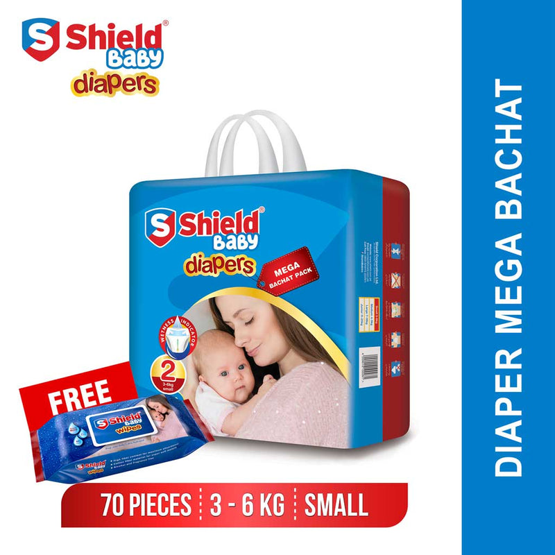 Shield Diapers Mega Bachat Pack Small (70-Diapers, Size 2, 03-06Kg) With Free Baby Wipes