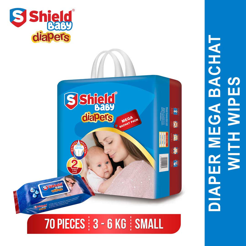 Shield Diapers Mega Bachat Pack Small 70 Pc with Baby Wipes