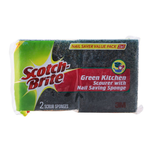 3M Scotch Brite Green Kitchen Scourer With Nail Saving 2pcs