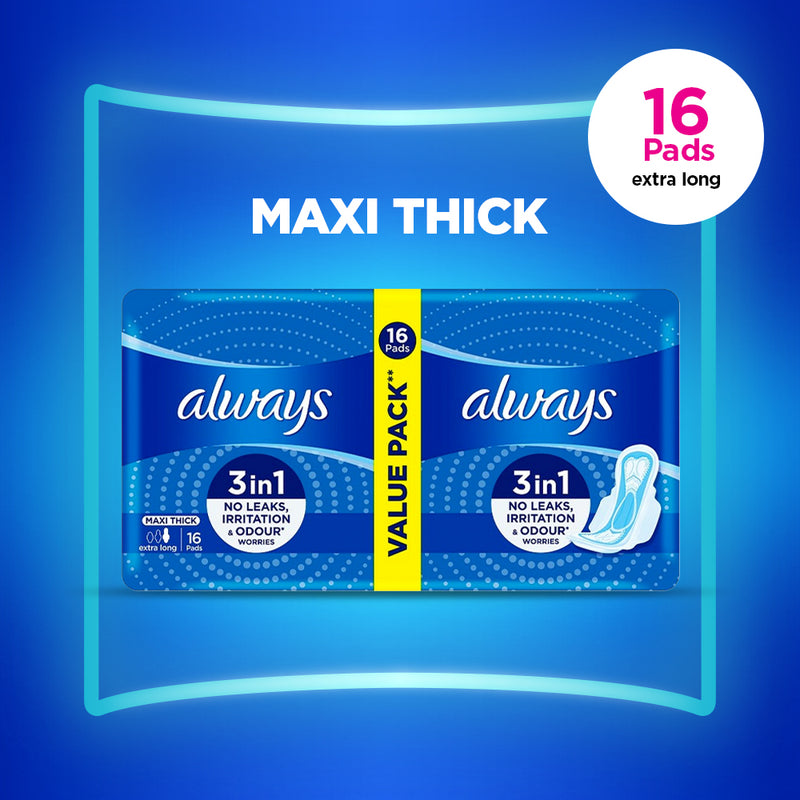 Always Thicks Maxi Night Sanitary Pads Extra Long Value Pack 16 Count