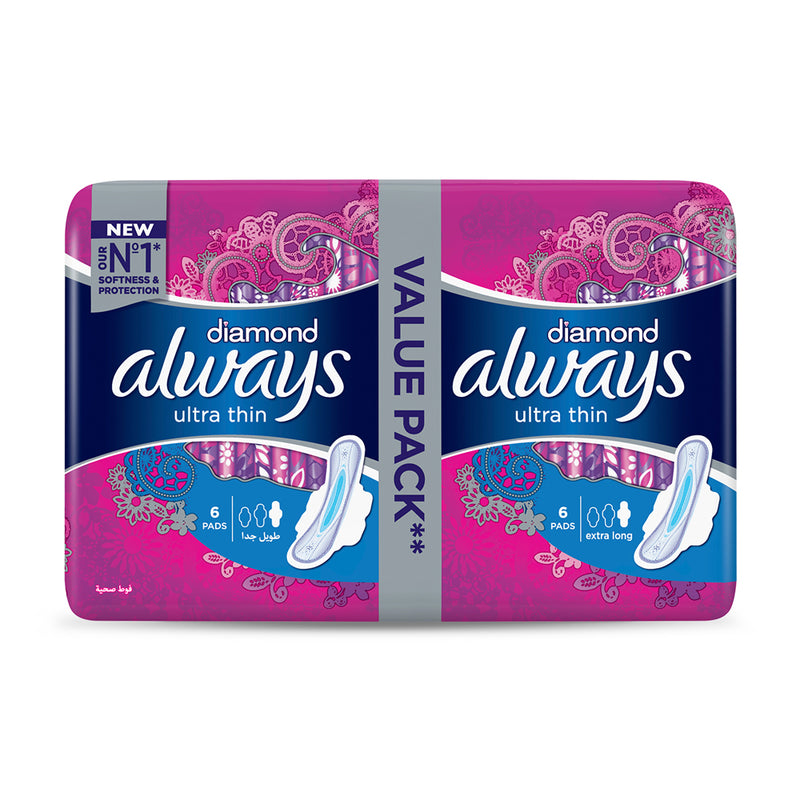 Always Diamonds Ultra Thin Sanitary Pads, Extra Long Value Pack, 12 Pads