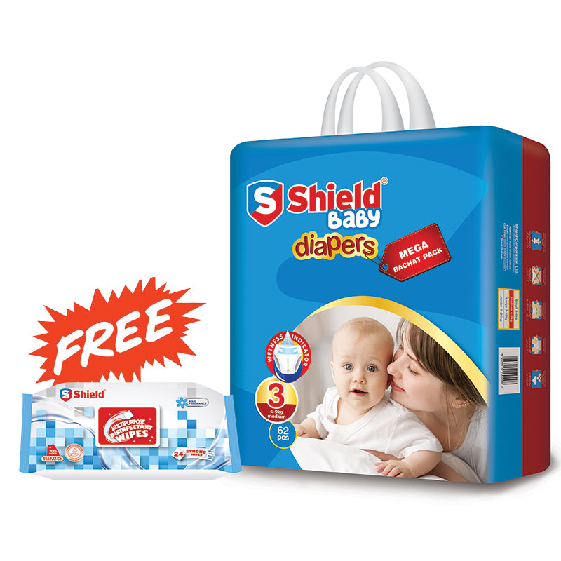 Shield Diaper Mega Bachat Pack Medium 62Pc With Free Disinfectant Wipes