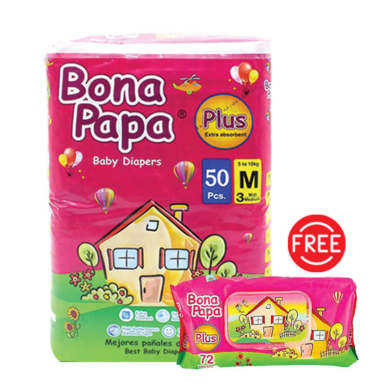Bona Papa Baby Diapers Medium 50pcs Pack with Free Pads