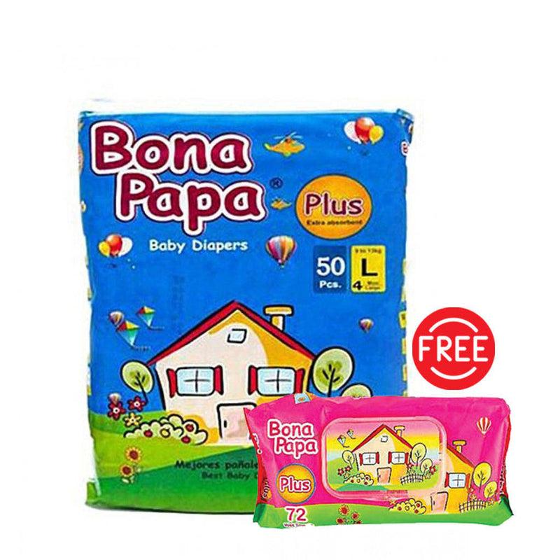 Bona Papa Baby Diapers Large 50pcs Pack with Free Pads