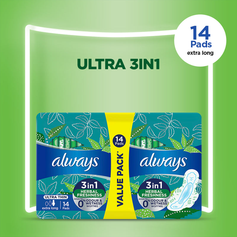 Always Ultra Thin 3 in 1 Extra Long Duo Pack 14 Pads (Herbal)