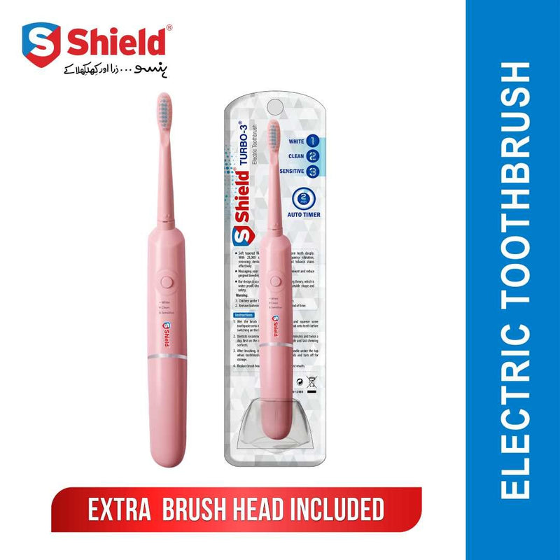 Shield Electric Toothbrush Turbo-3 battery operated with 2 brush heads Pink Color