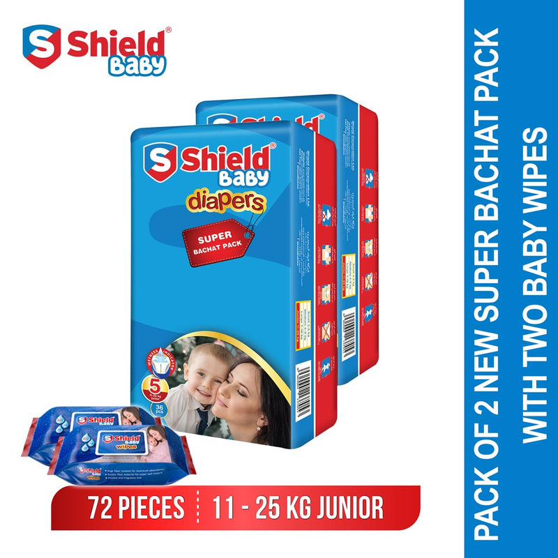 Shield Baby Diapers New Super Bachat Pack of 2 Junior With 2 Baby Wipes
