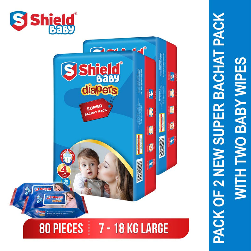 Shield Baby Diapers New Super Bachat Pack of 2 Large With 2 Baby Wipes