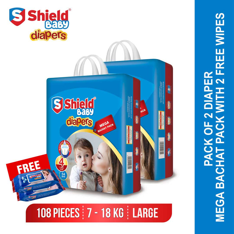 Shield Pack of 2 Mega Bachat Pack Large 54Pc with two Baby Wipes Free
