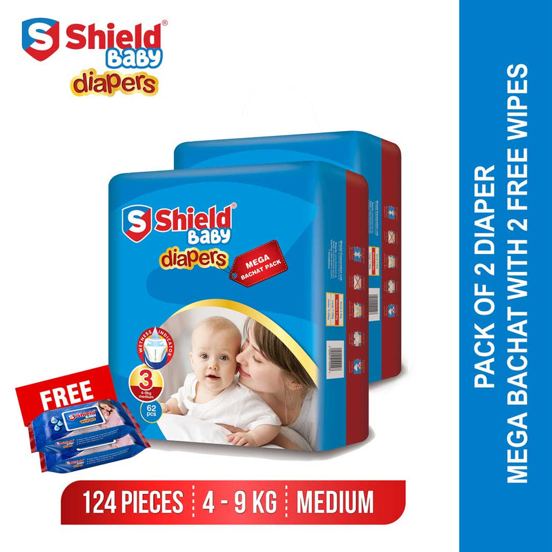 Shield Pack of 2 Mega Bachat Pack Medium 62Pc with two Baby Wipes Free