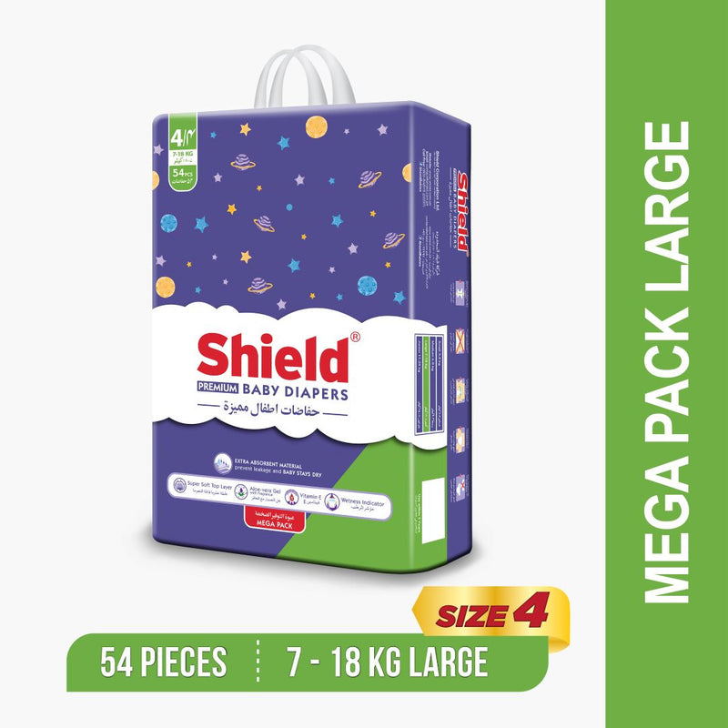 Shield Premium Baby Diaper Mega Pack Large Size 4 (7 to 18 KG) 54Pcs