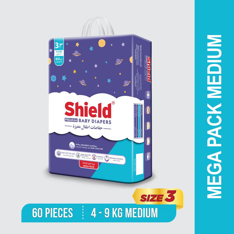 Shield Premium Baby Diaper Mega Pack Medium Size 3 (4 to 9 KG) 60Pcs